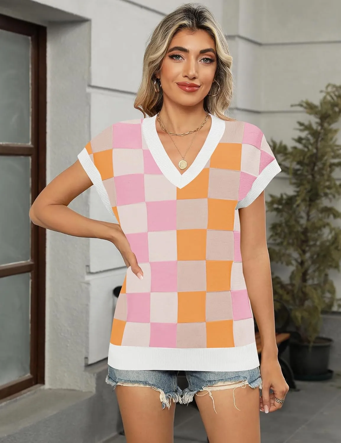 LOMON Womens Summer Cap Sleeve Sweater Vest Casual V Neck Knit Short Sleeve Plaid Pullover Sweaters Loose Fit Work Tops