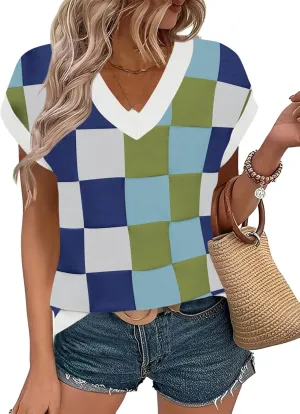 LOMON Womens Summer Cap Sleeve Sweater Vest Casual V Neck Knit Short Sleeve Plaid Pullover Sweaters Loose Fit Work Tops