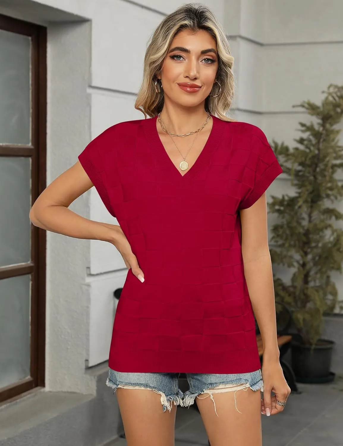 LOMON Womens Summer Cap Sleeve Sweater Vest Casual V Neck Knit Short Sleeve Plaid Pullover Sweaters Loose Fit Work Tops
