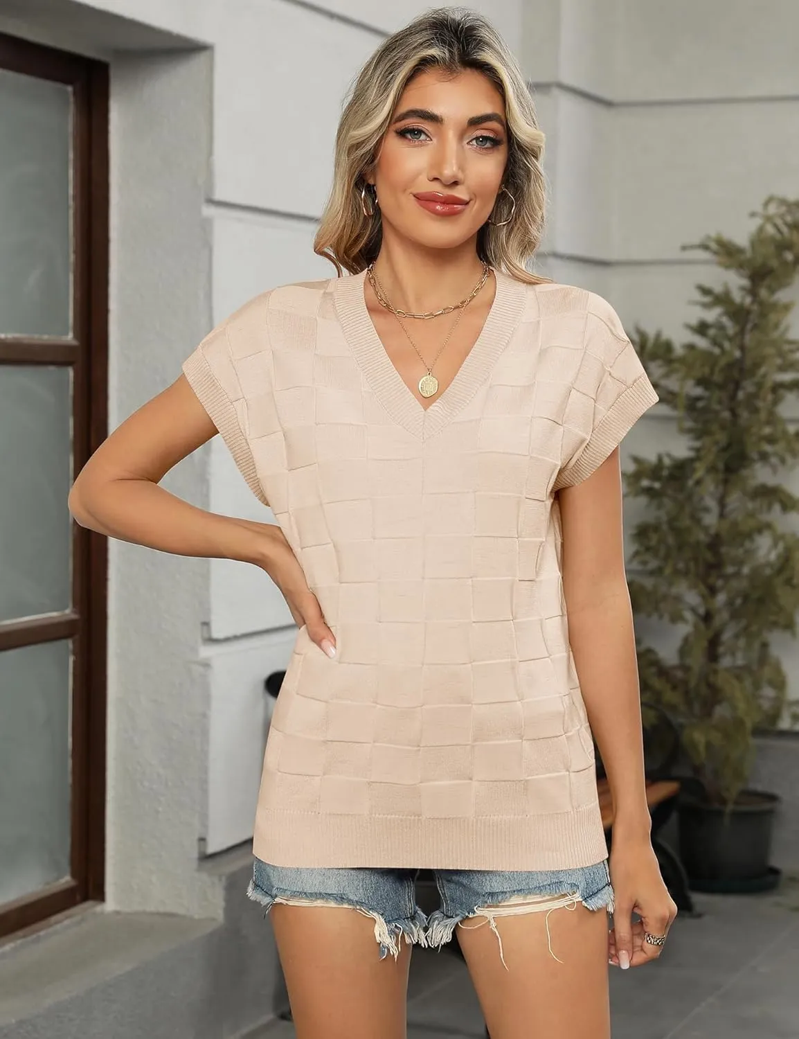LOMON Womens Summer Cap Sleeve Sweater Vest Casual V Neck Knit Short Sleeve Plaid Pullover Sweaters Loose Fit Work Tops