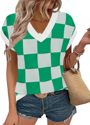 LOMON Womens Summer Cap Sleeve Sweater Vest Casual V Neck Knit Short Sleeve Plaid Pullover Sweaters Loose Fit Work Tops
