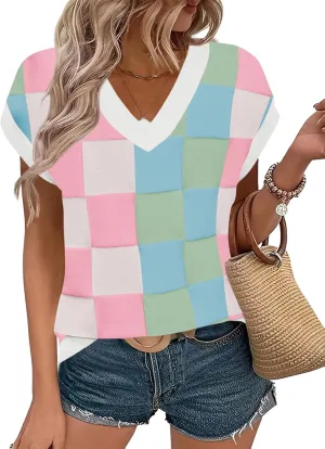 LOMON Womens Summer Cap Sleeve Sweater Vest Casual V Neck Knit Short Sleeve Plaid Pullover Sweaters Loose Fit Work Tops