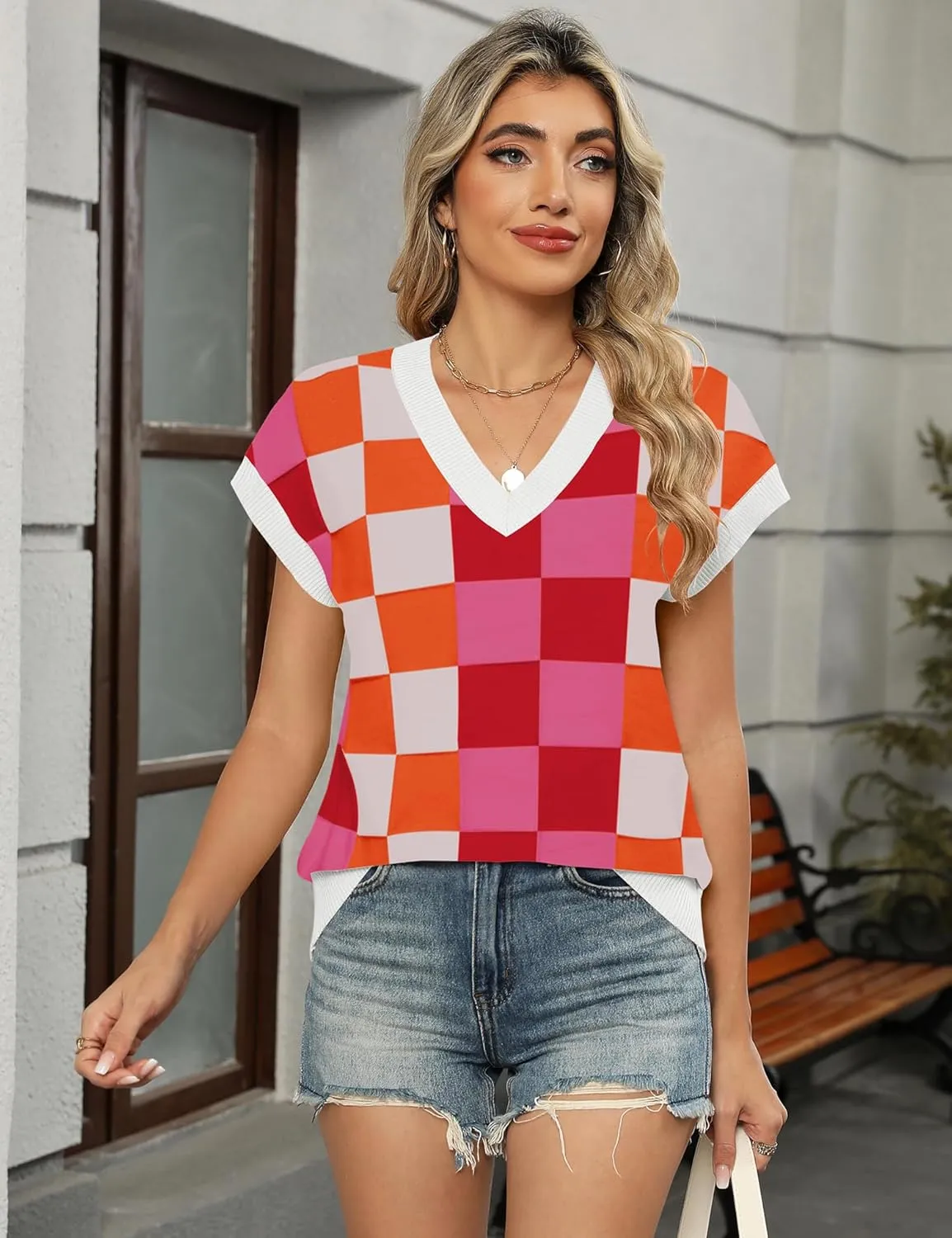 LOMON Womens Summer Cap Sleeve Sweater Vest Casual V Neck Knit Short Sleeve Plaid Pullover Sweaters Loose Fit Work Tops