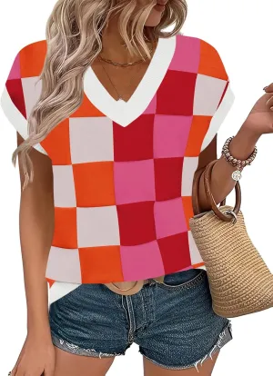 LOMON Womens Summer Cap Sleeve Sweater Vest Casual V Neck Knit Short Sleeve Plaid Pullover Sweaters Loose Fit Work Tops