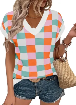 LOMON Womens Summer Cap Sleeve Sweater Vest Casual V Neck Knit Short Sleeve Plaid Pullover Sweaters Loose Fit Work Tops
