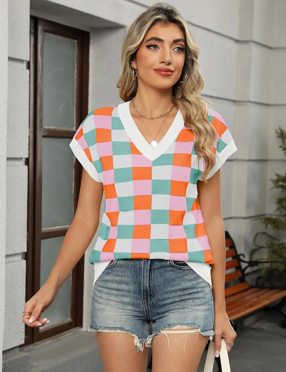 LOMON Womens Summer Cap Sleeve Sweater Vest Casual V Neck Knit Short Sleeve Plaid Pullover Sweaters Loose Fit Work Tops
