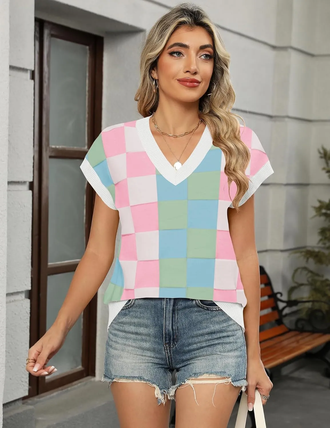 LOMON Womens Summer Cap Sleeve Sweater Vest Casual V Neck Knit Short Sleeve Plaid Pullover Sweaters Loose Fit Work Tops
