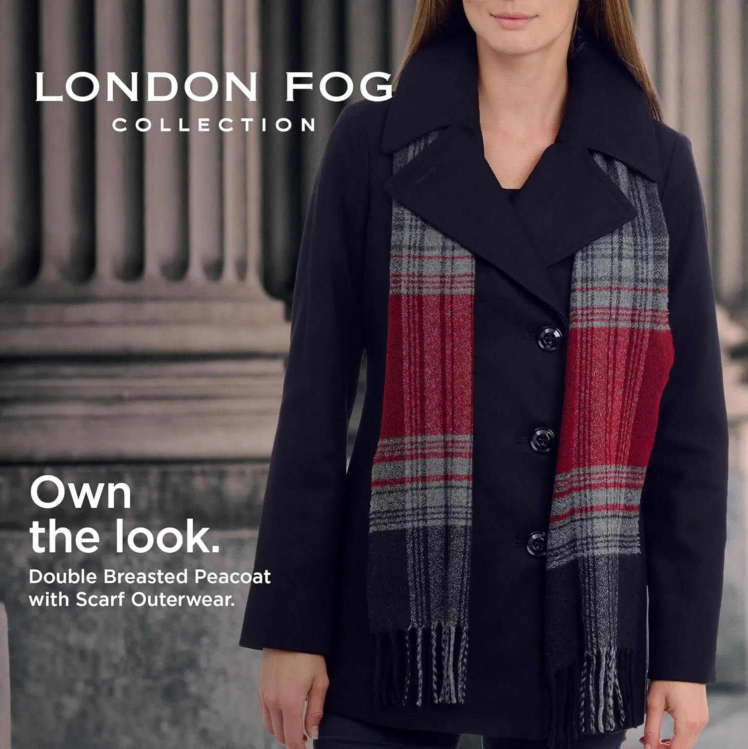 LONDON FOG Women's Double Breasted Peacoat with Scarf