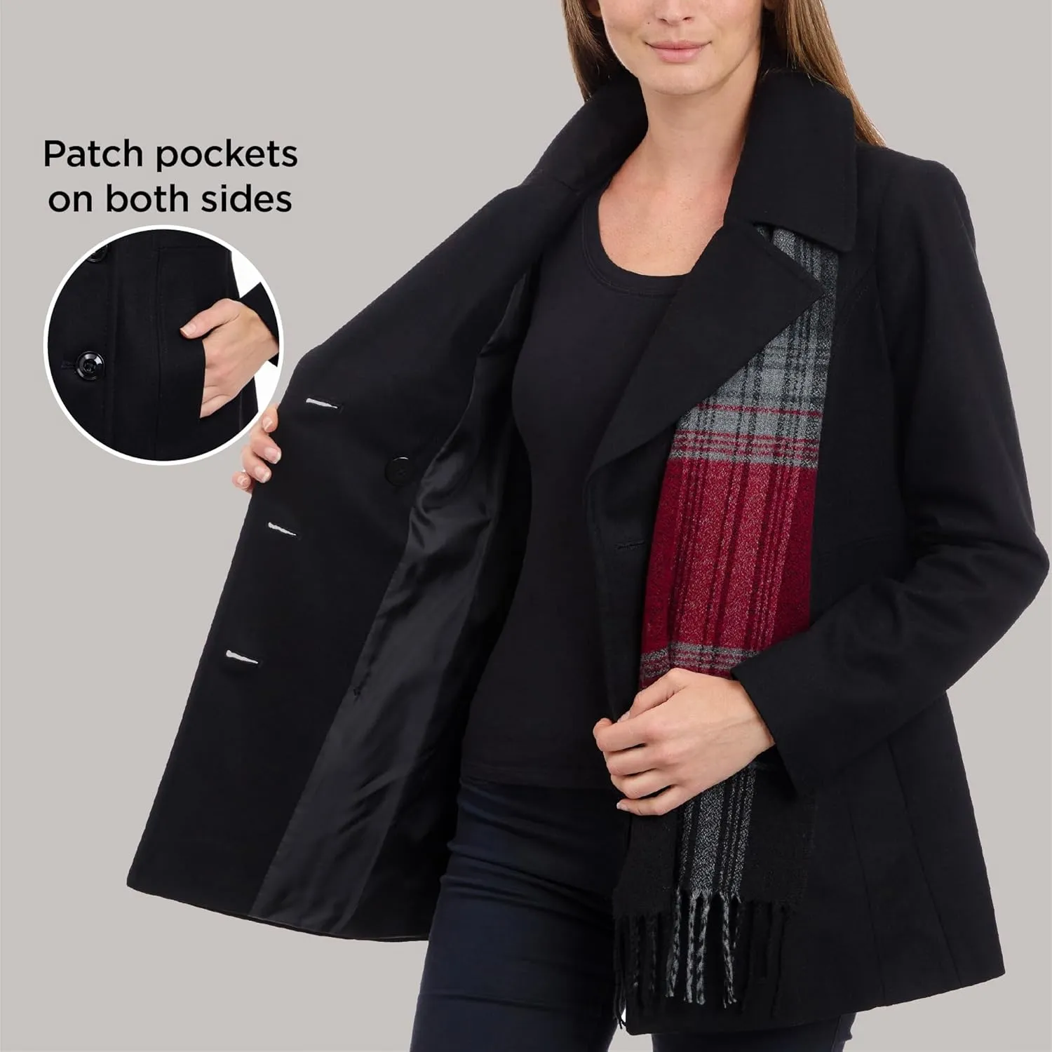 LONDON FOG Women's Double Breasted Peacoat with Scarf