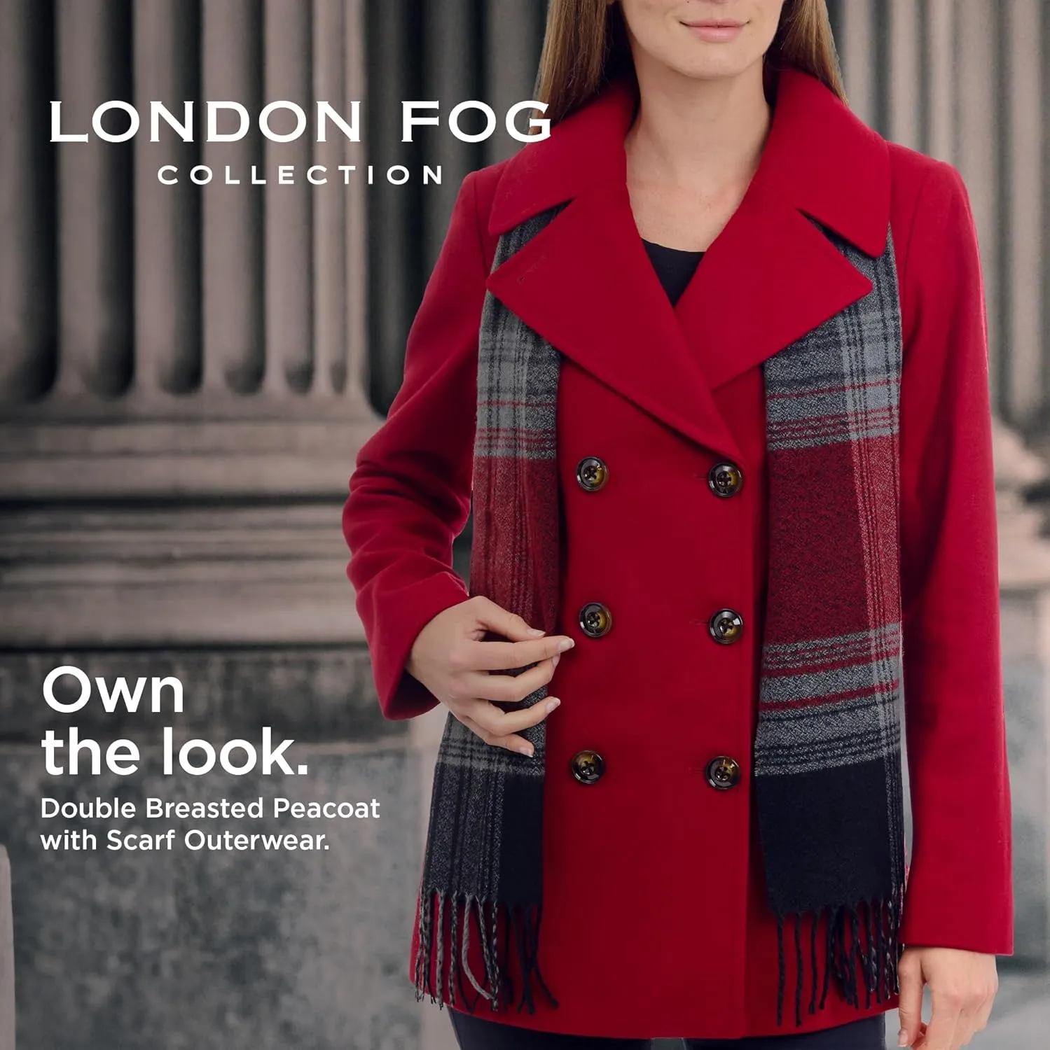 LONDON FOG Women's Double Breasted Peacoat with Scarf