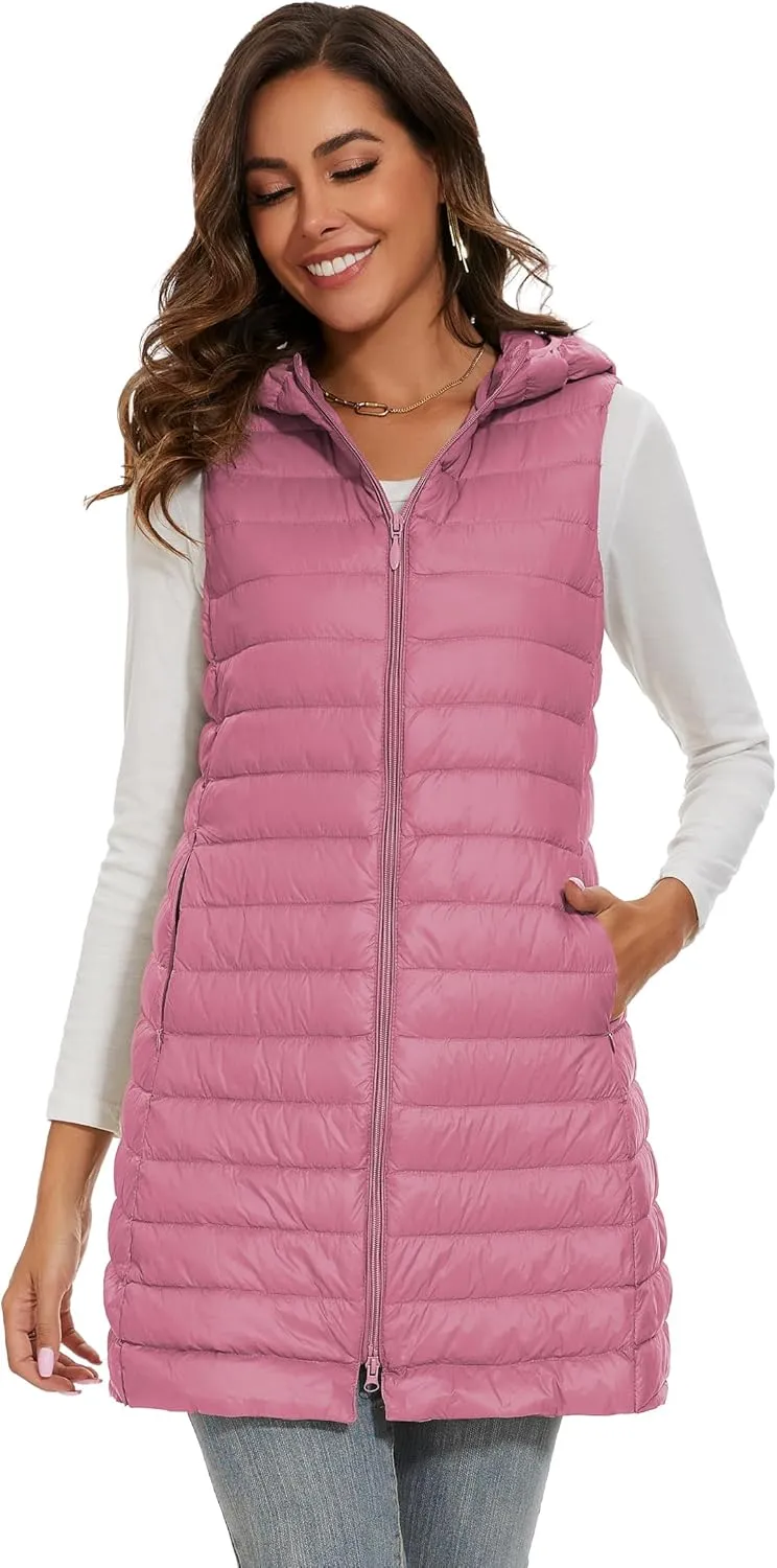 Long Puffer Vest with Hood Lightweight Down Vest Women Sleeveless Puffer Jacket Zipper
