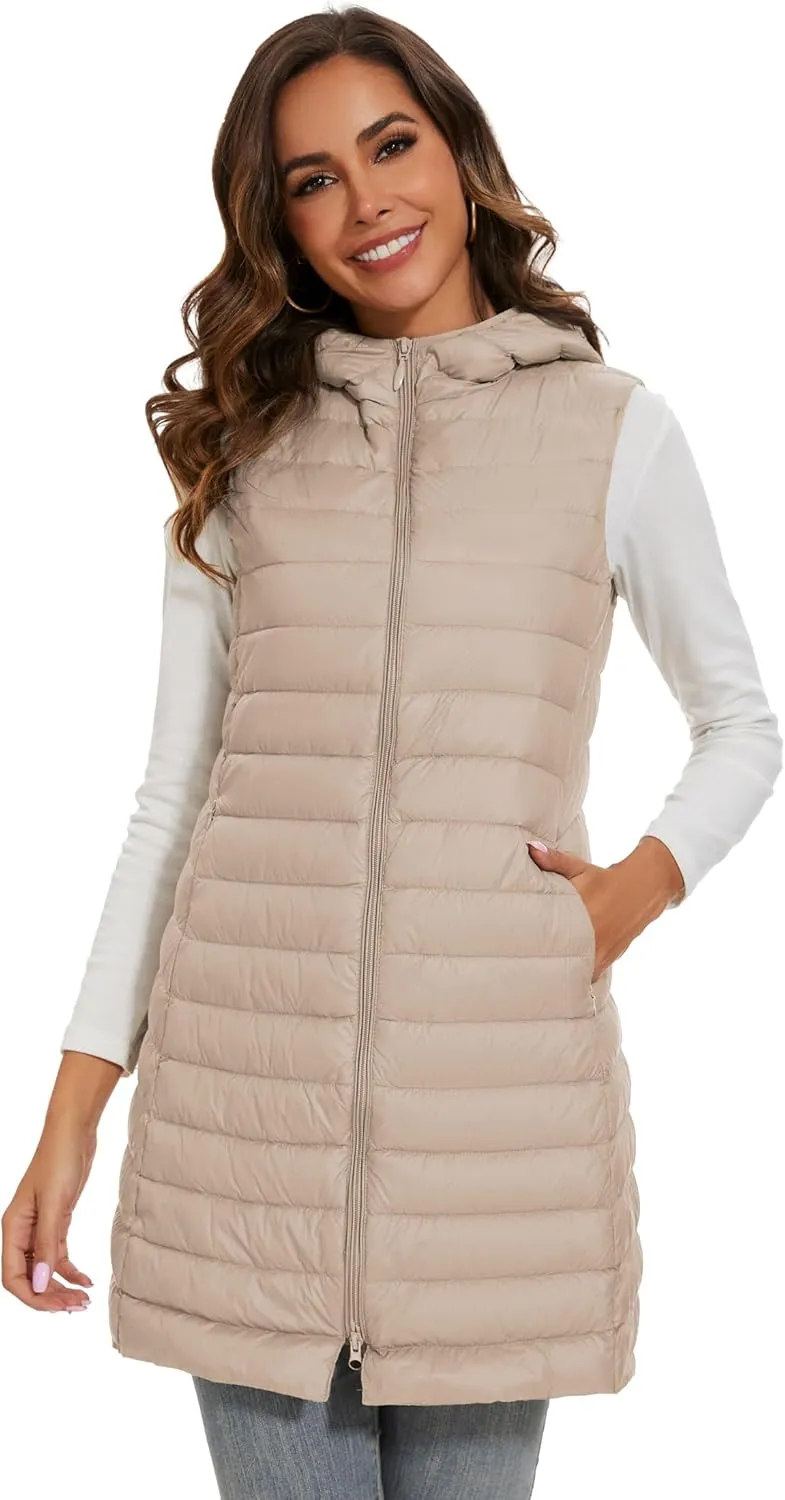 Long Puffer Vest with Hood Lightweight Down Vest Women Sleeveless Puffer Jacket Zipper
