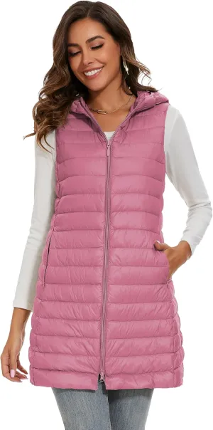 Long Puffer Vest with Hood Lightweight Down Vest Women Sleeveless Puffer Jacket Zipper