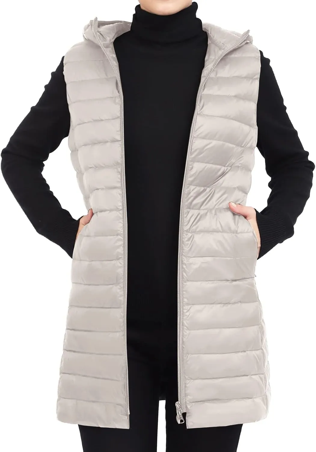 Long Puffer Vest with Hood Lightweight Down Vest Women Sleeveless Puffer Jacket Zipper