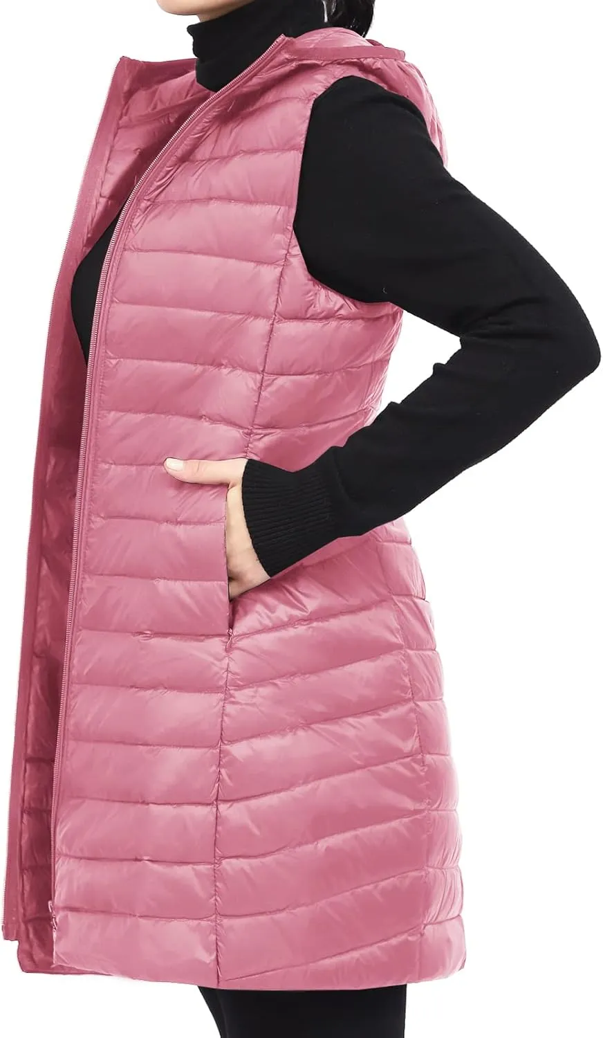Long Puffer Vest with Hood Lightweight Down Vest Women Sleeveless Puffer Jacket Zipper