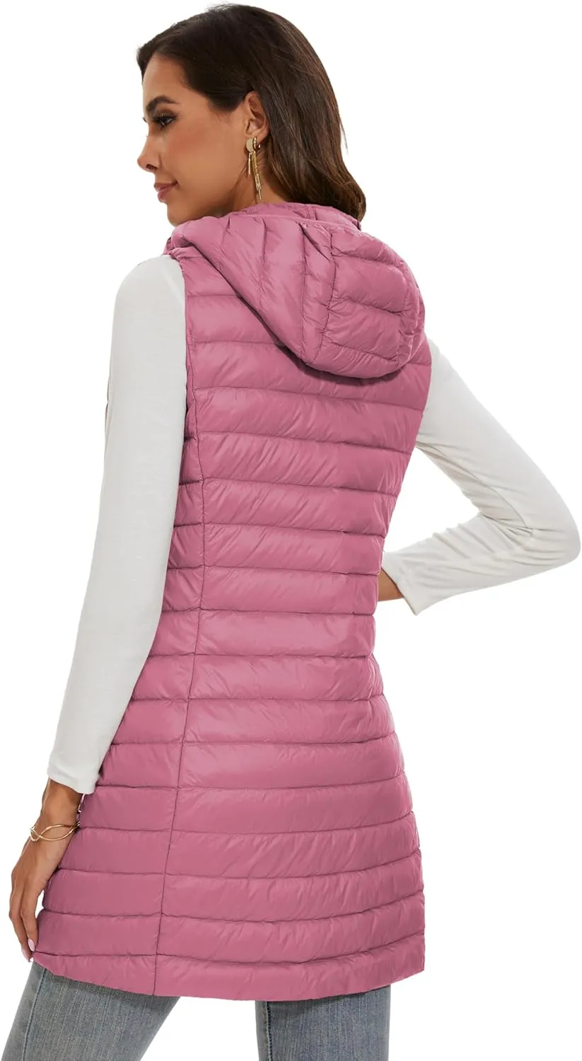 Long Puffer Vest with Hood Lightweight Down Vest Women Sleeveless Puffer Jacket Zipper