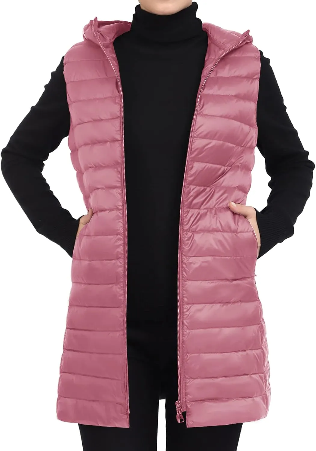 Long Puffer Vest with Hood Lightweight Down Vest Women Sleeveless Puffer Jacket Zipper