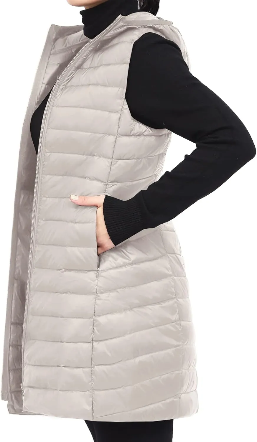 Long Puffer Vest with Hood Lightweight Down Vest Women Sleeveless Puffer Jacket Zipper