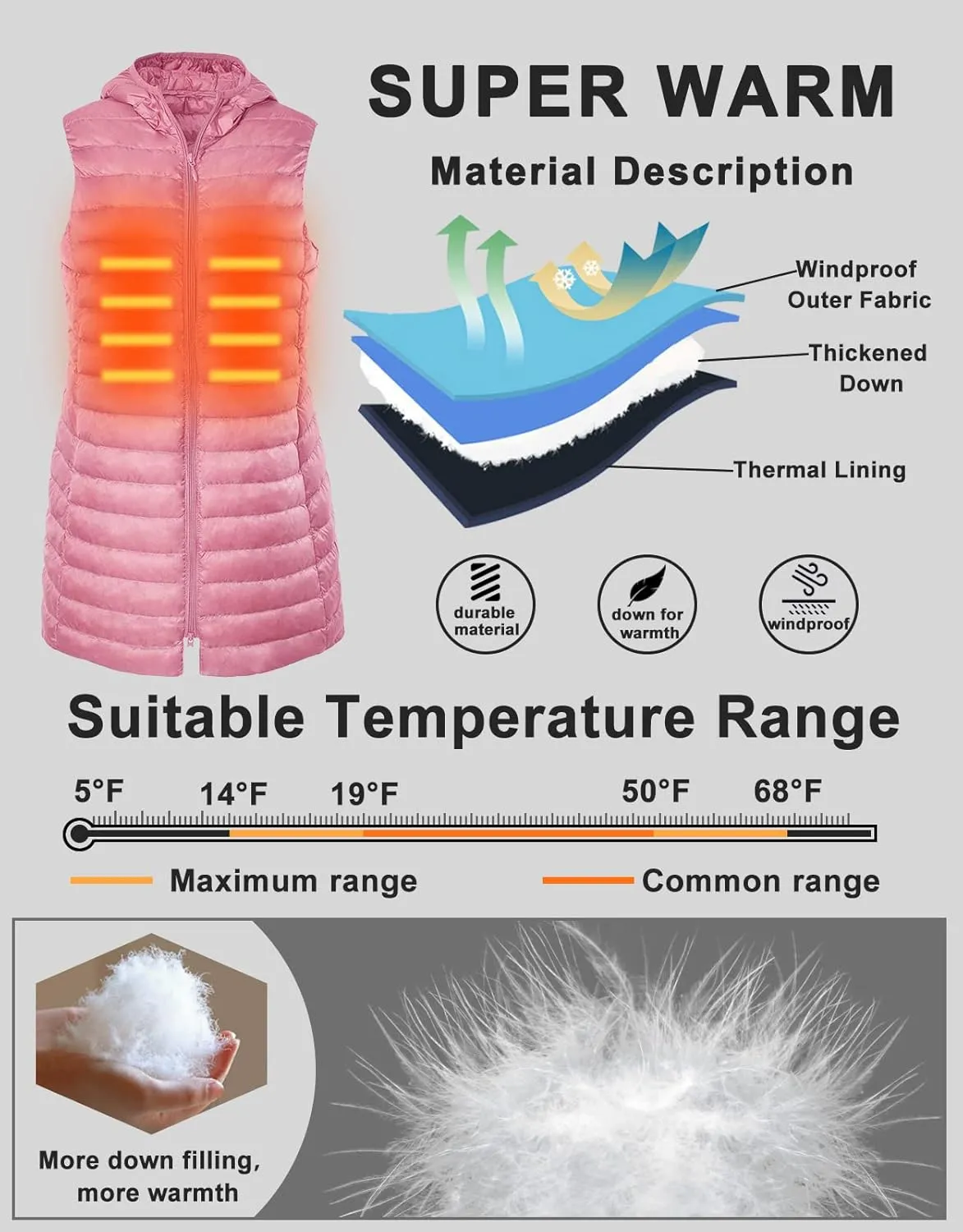 Long Puffer Vest with Hood Lightweight Down Vest Women Sleeveless Puffer Jacket Zipper