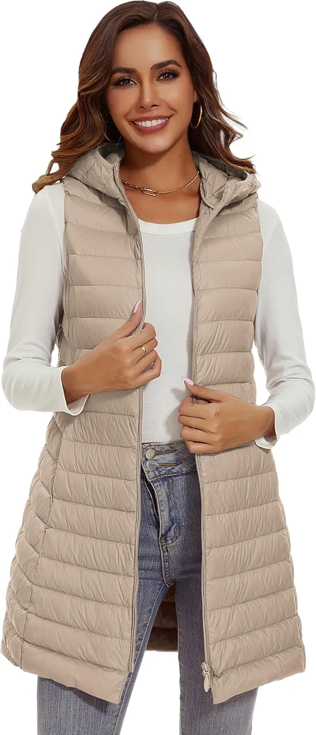 Long Puffer Vest with Hood Lightweight Down Vest Women Sleeveless Puffer Jacket Zipper