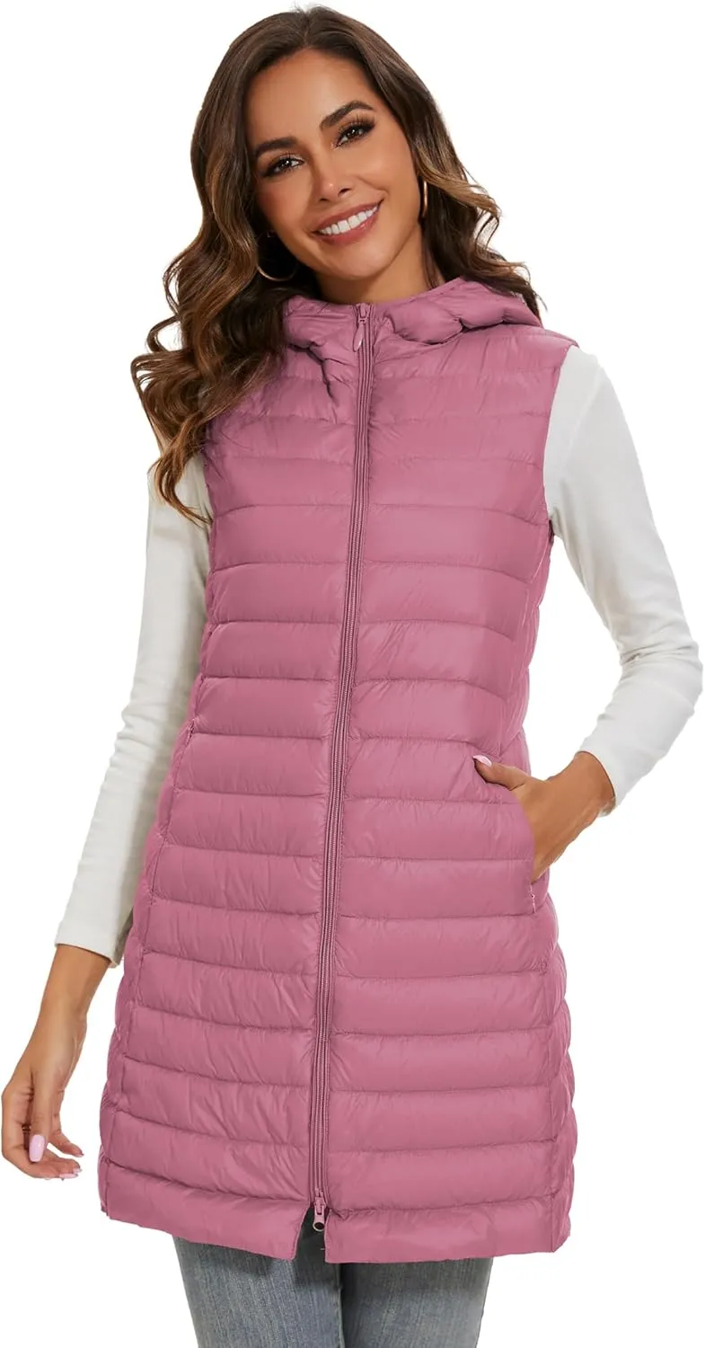 Long Puffer Vest with Hood Lightweight Down Vest Women Sleeveless Puffer Jacket Zipper