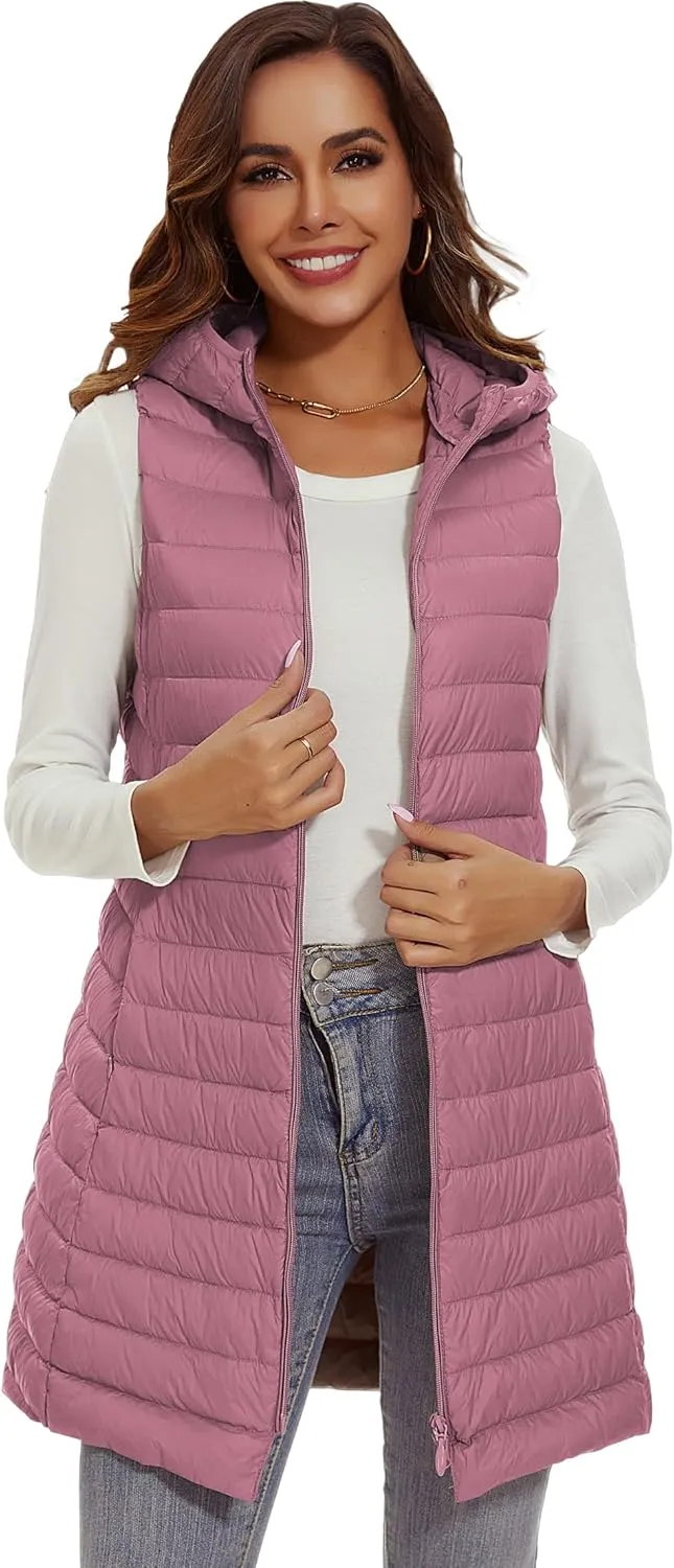 Long Puffer Vest with Hood Lightweight Down Vest Women Sleeveless Puffer Jacket Zipper