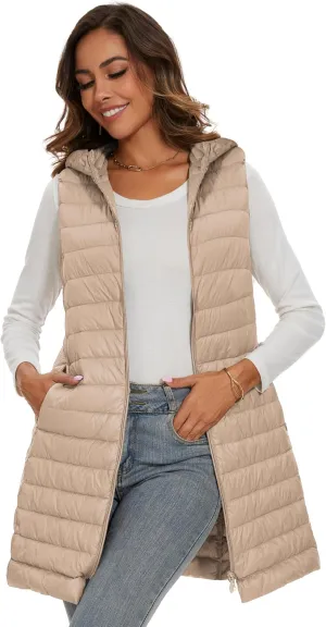 Long Puffer Vest with Hood Lightweight Down Vest Women Sleeveless Puffer Jacket Zipper