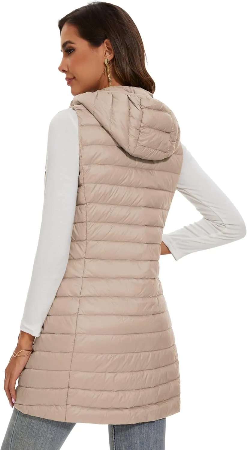 Long Puffer Vest with Hood Lightweight Down Vest Women Sleeveless Puffer Jacket Zipper