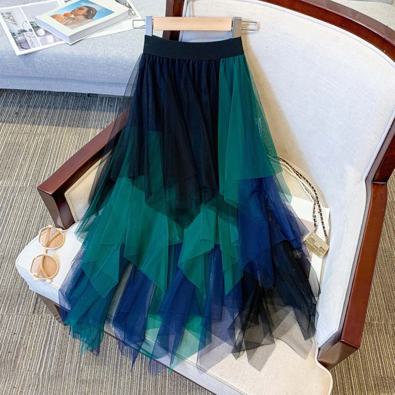 Long Tulle Skirt High Waist Loose A Line for Women Boho Summer Flare/Irregular Flowy Elegant for Parties Everyday Wear