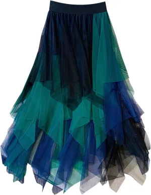 Long Tulle Skirt High Waist Loose A Line for Women Boho Summer Flare/Irregular Flowy Elegant for Parties Everyday Wear