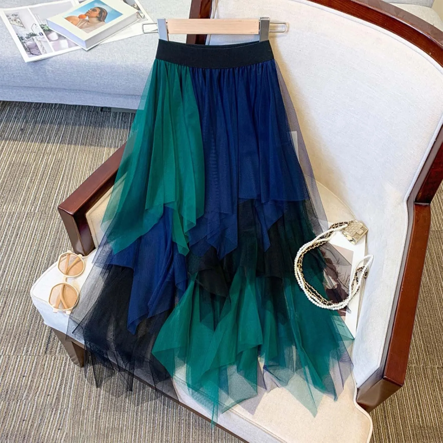 Long Tulle Skirt High Waist Loose A Line for Women Boho Summer Flare/Irregular Flowy Elegant for Parties Everyday Wear