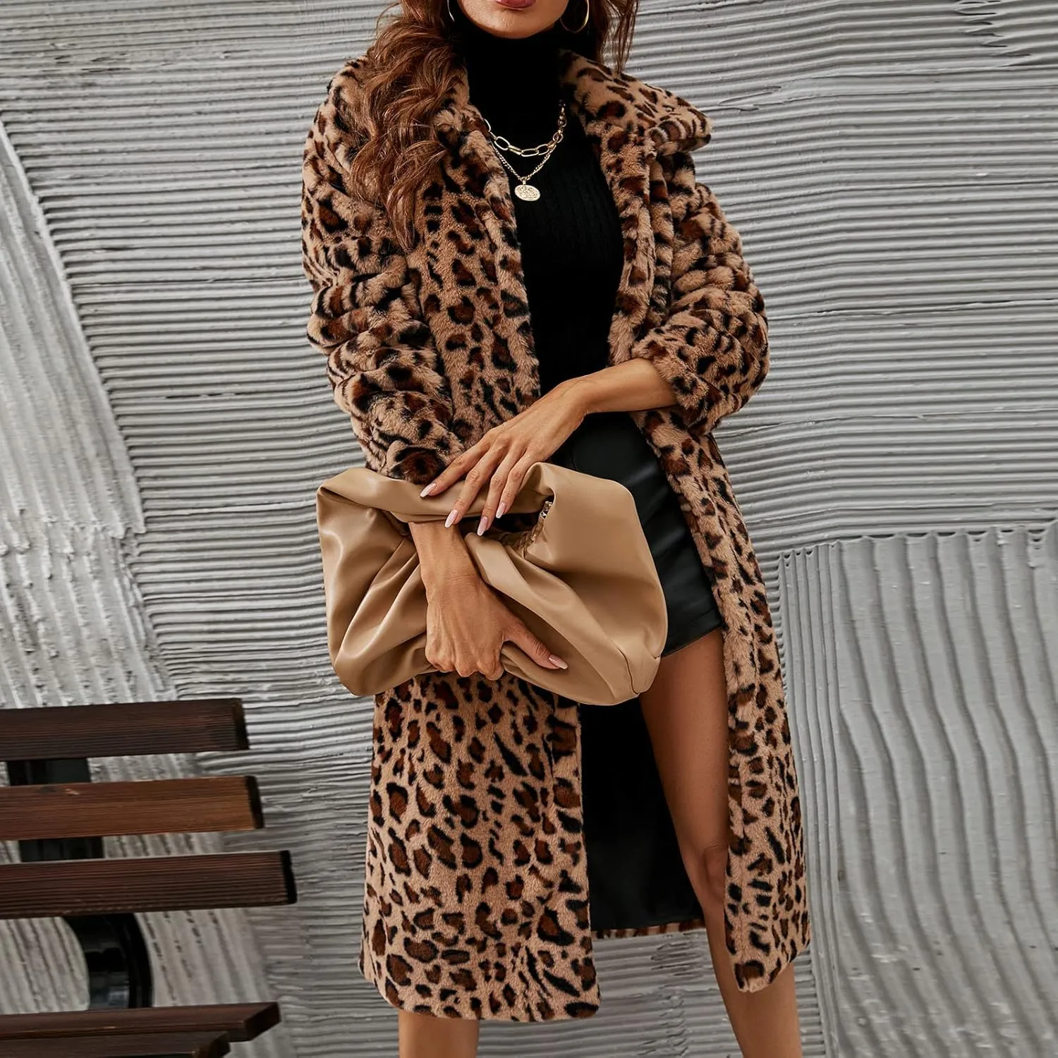 Long Winter Coat Fashion Women Leopard Print Faux Fur Jacket Turn Down Collar Sherpa Coat Mid Length Outerwear