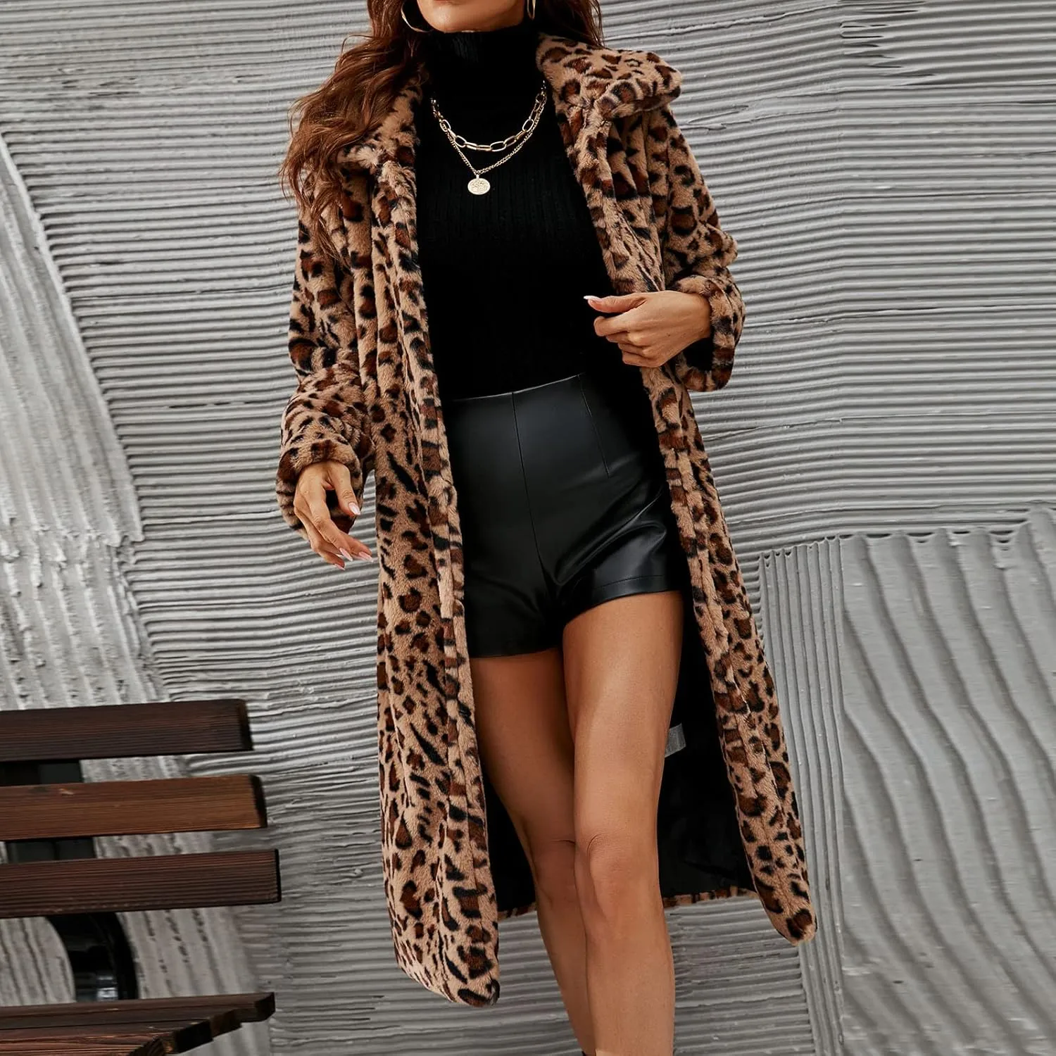 Long Winter Coat Fashion Women Leopard Print Faux Fur Jacket Turn Down Collar Sherpa Coat Mid Length Outerwear