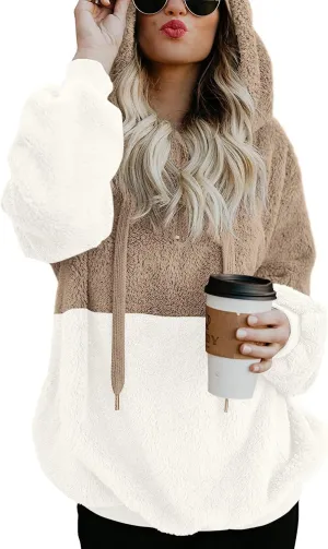 LONGYUAN Women Casual Hoodies Fashion Fuzzy Warm Pullover Sherpa Outerwear with Pockets