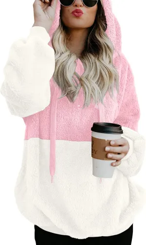 LONGYUAN Women Casual Hoodies Fashion Fuzzy Warm Pullover Sherpa Outerwear with Pockets