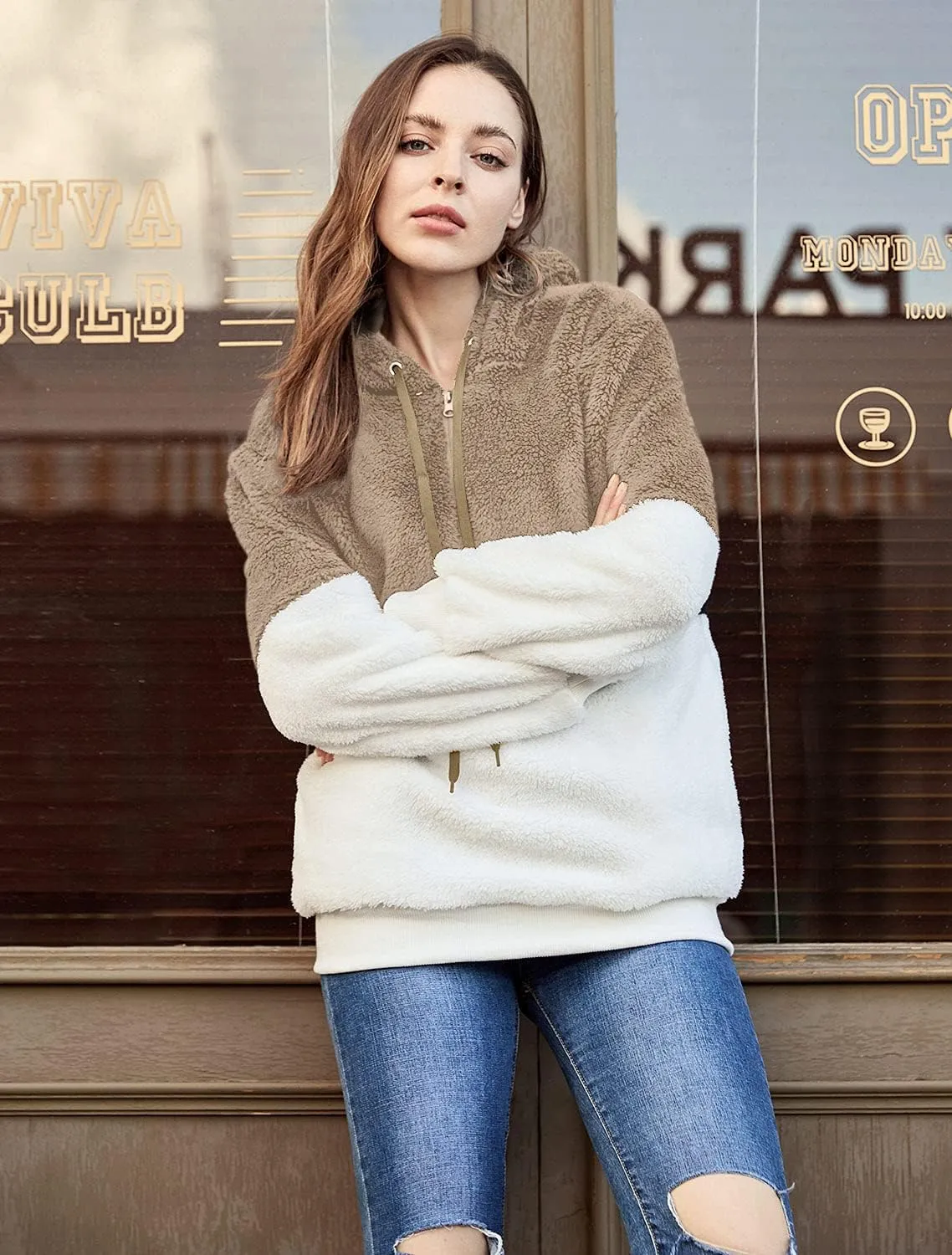 LONGYUAN Women Casual Hoodies Fashion Fuzzy Warm Pullover Sherpa Outerwear with Pockets