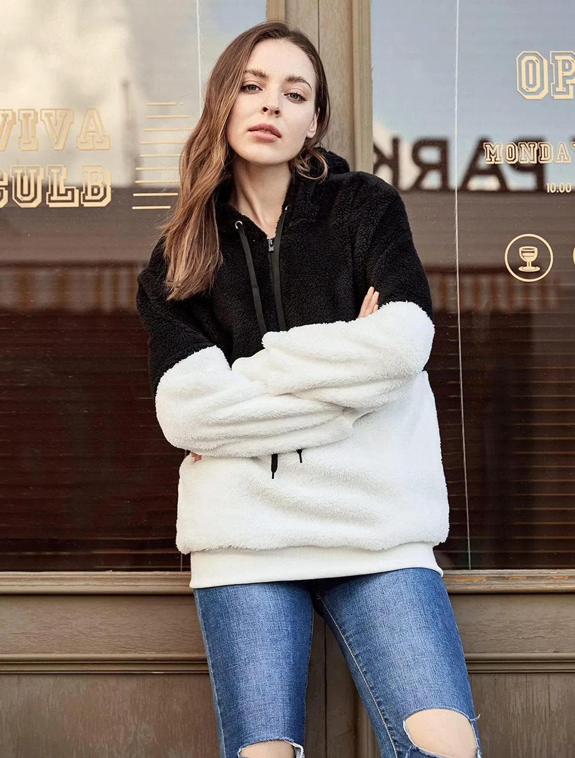LONGYUAN Women Casual Hoodies Fashion Fuzzy Warm Pullover Sherpa Outerwear with Pockets