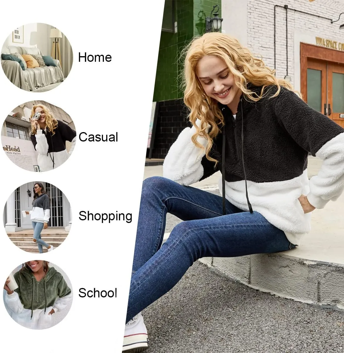 LONGYUAN Women Casual Hoodies Fashion Fuzzy Warm Pullover Sherpa Outerwear with Pockets