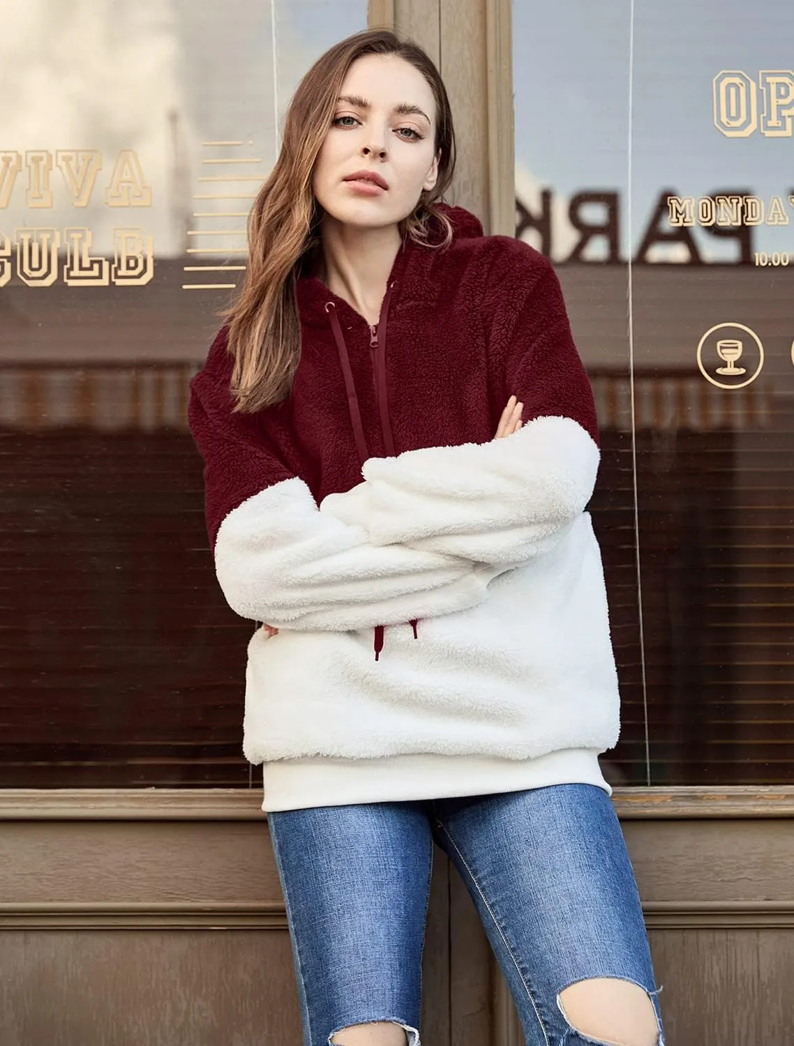 LONGYUAN Women Casual Hoodies Fashion Fuzzy Warm Pullover Sherpa Outerwear with Pockets