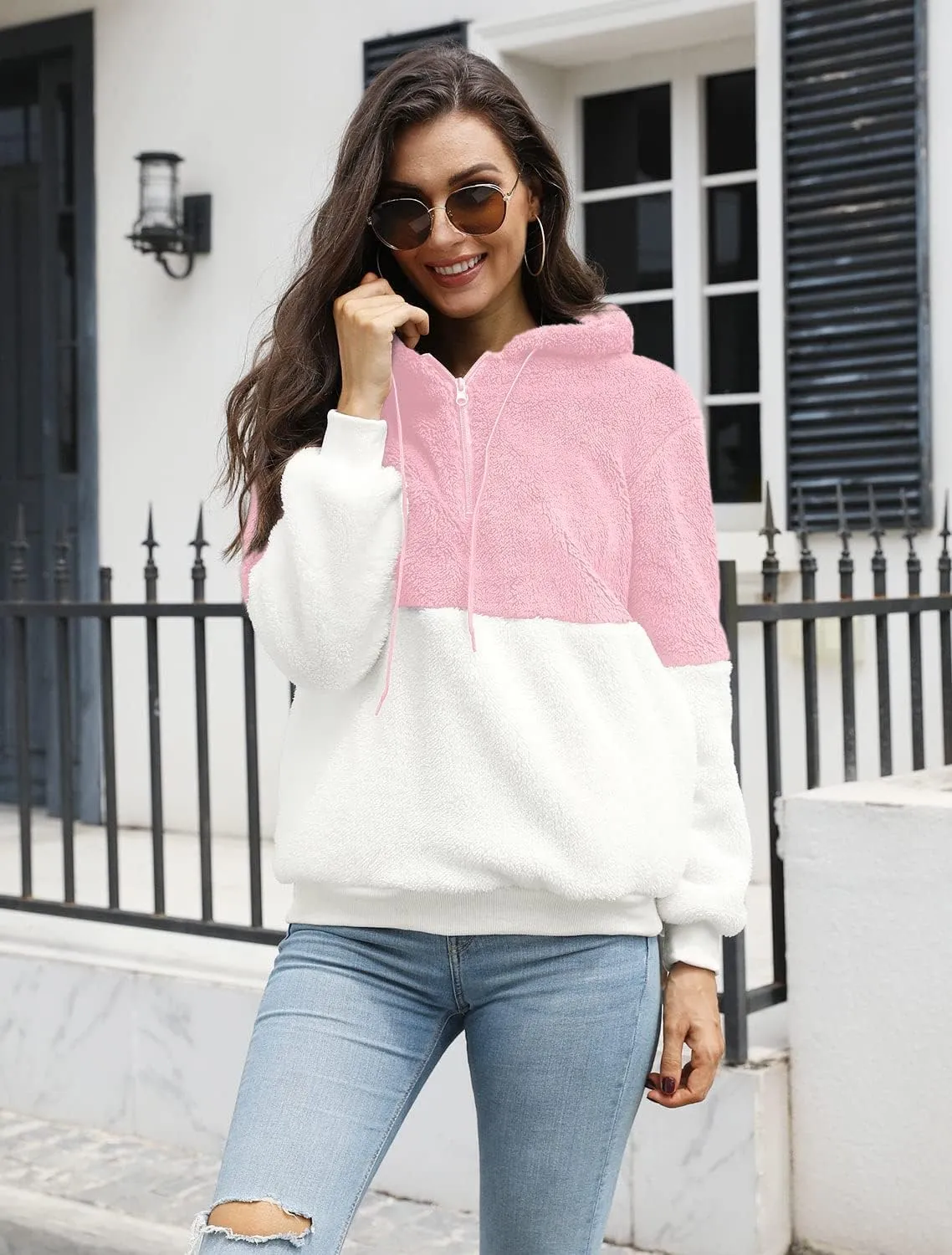 LONGYUAN Women Casual Hoodies Fashion Fuzzy Warm Pullover Sherpa Outerwear with Pockets