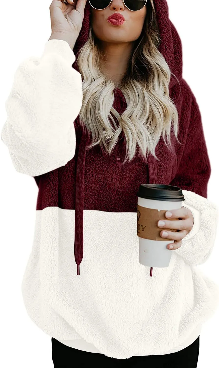LONGYUAN Women Casual Hoodies Fashion Fuzzy Warm Pullover Sherpa Outerwear with Pockets