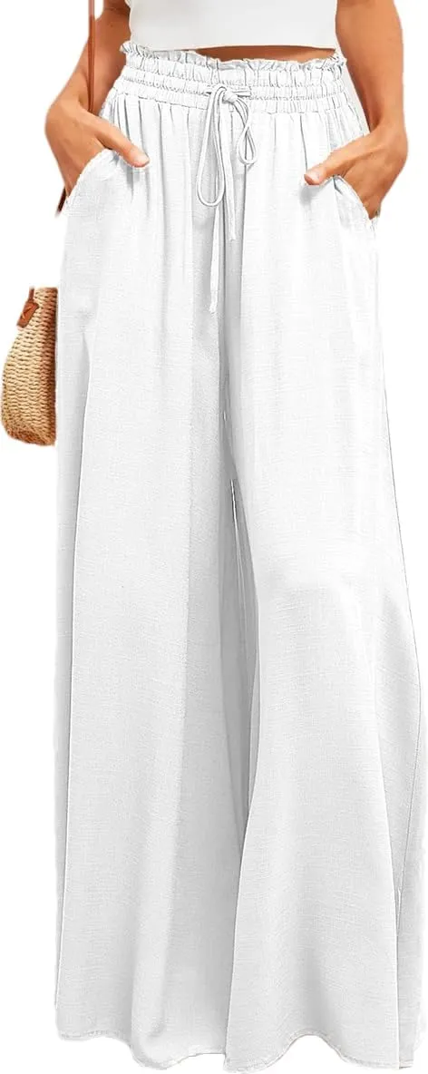LOUSEA Women's Linen Wide Leg Pants high Elastic Waist Flowy Pants Plus Size Loose Long Pants with Pockets Palazzo Trousers