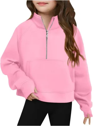 LRMQS Girls Half Zipper Sweatshirts Cute Trendy Fall Pullover Crop Tops for Teen Girls Long Sleeve Sweater Clothes Thumb Hole