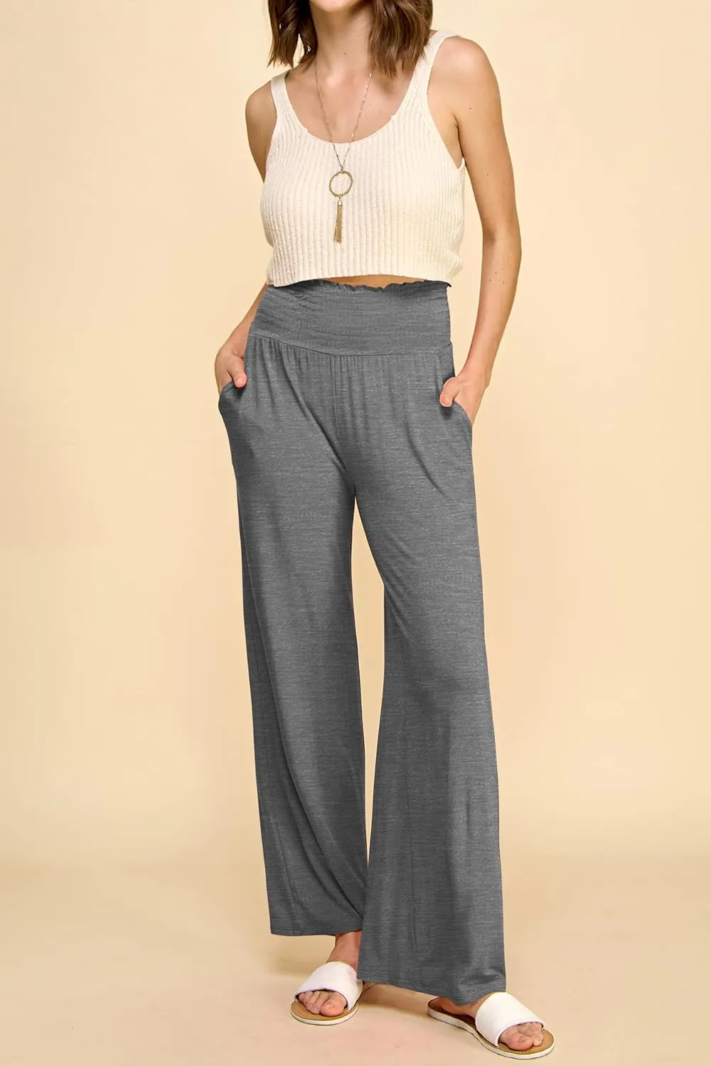 Made By Johnny Women's Elastic High Waisted Palazzo Pants Casual Wide Leg Long Lounge Pant Trousers with Pocket