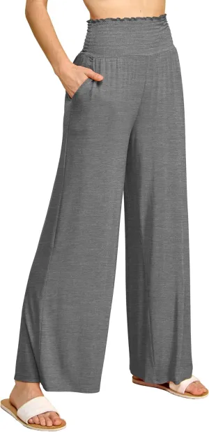 Made By Johnny Women's Elastic High Waisted Palazzo Pants Casual Wide Leg Long Lounge Pant Trousers with Pocket