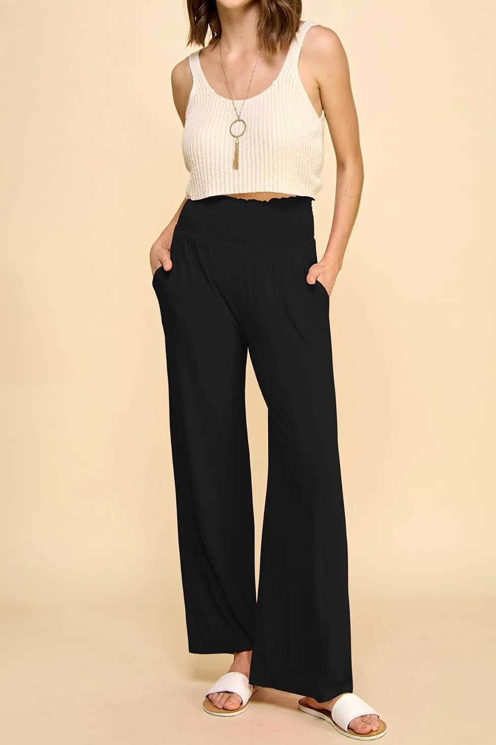 Made By Johnny Women's Elastic High Waisted Palazzo Pants Casual Wide Leg Long Lounge Pant Trousers with Pocket