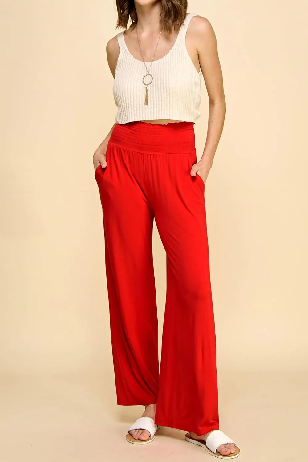 Made By Johnny Women's Elastic High Waisted Palazzo Pants Casual Wide Leg Long Lounge Pant Trousers with Pocket