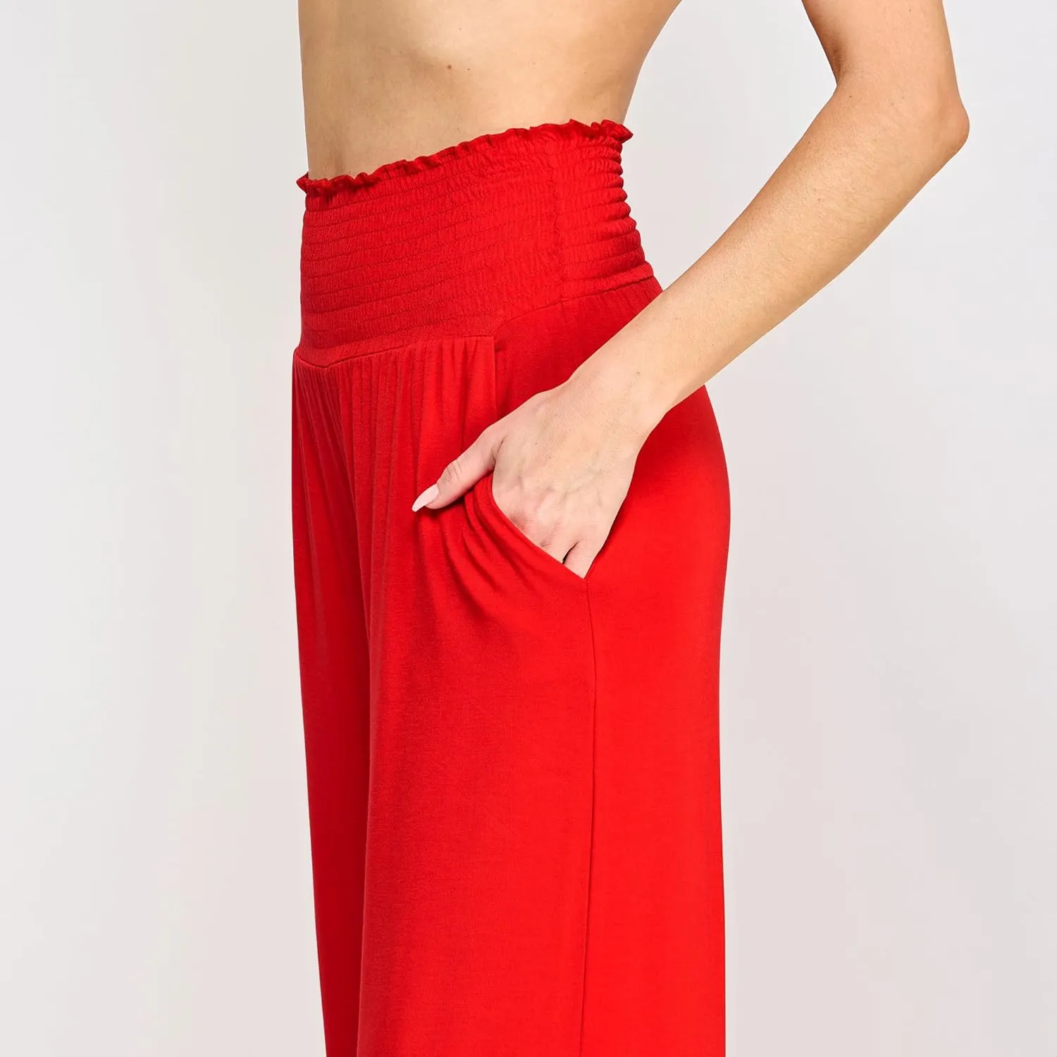 Made By Johnny Women's Elastic High Waisted Palazzo Pants Casual Wide Leg Long Lounge Pant Trousers with Pocket