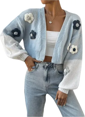 MakeMeChic Women's 3D Floral Open Front Cropped Cute Cardigan Sweater Lantern Sleeve Outerwear