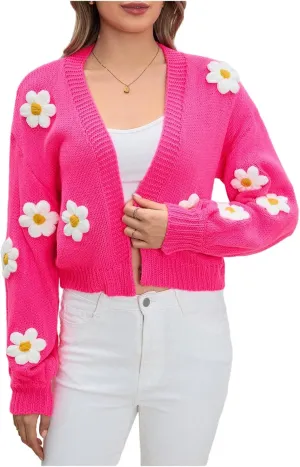 MakeMeChic Women's 3D Floral Open Front Cropped Cute Cardigan Sweater Lantern Sleeve Outerwear
